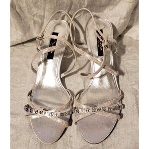 Nina Silver Crystal Trimmed Cross Strap Satin Sandals Size 10M EUC